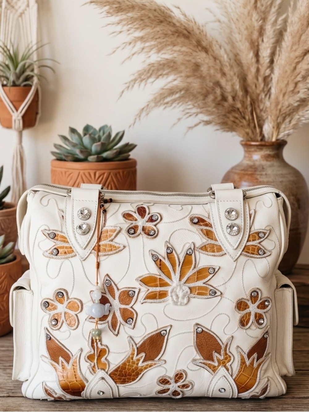 Anthropologie ✨Made in Italy Ivory Vintage BohoChic Large Leather Shoulder Bag✨